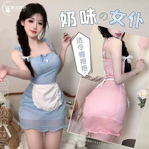 Sexy sheer japanese maid costume dress with apron - cute cosplay outfit for women
