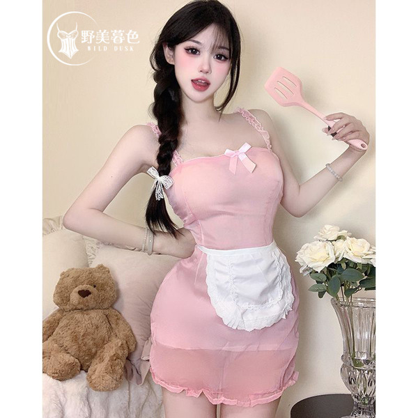 Sexy sheer japanese maid costume dress with apron, cute cosplay outfit for women, perfect for themed events or performances.