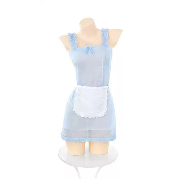 Sexy sheer japanese maid costume dress with apron, cute cosplay outfit for women.