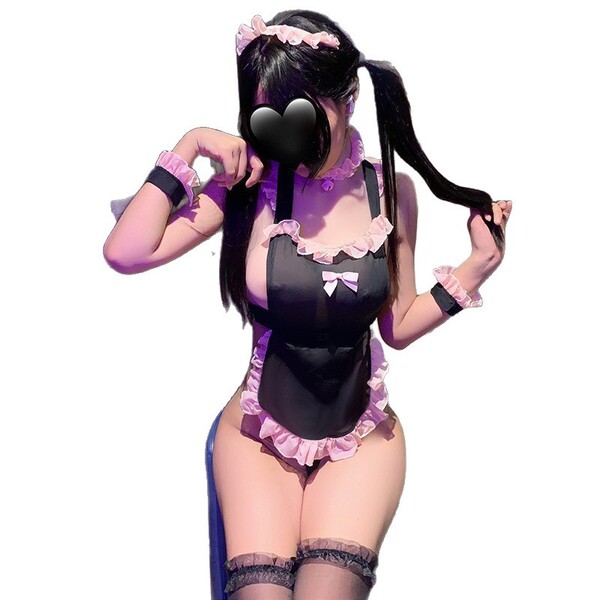 Sexy sheer lace backless apron costume set for role play & cosplay outfits, featuring black and pink design with lace details...