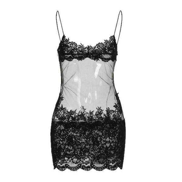 Black sheer lace bodysuit with floral trim and thin straps, featuring a tight mesh camisole design for women.