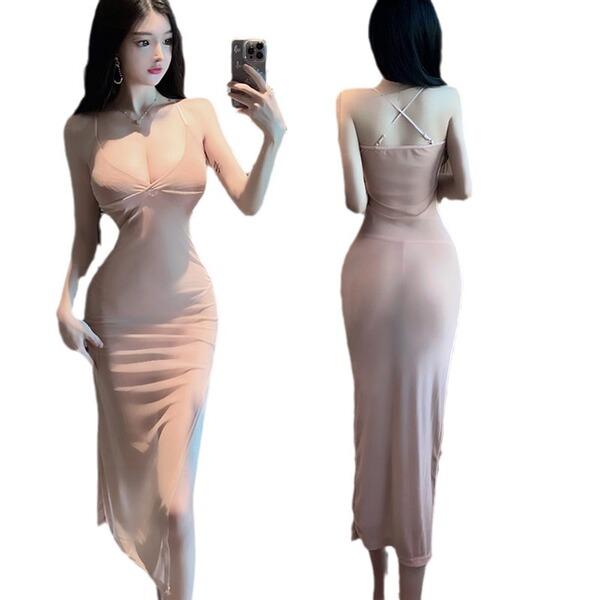 Sexy sheer lace sleep dress - transparent mesh nightwear with slit & adjustable straps for women