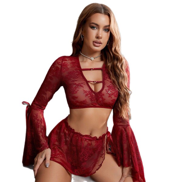 Woman modeling red sheer lace lingerie set with deep v neckline, flared sleeves, and detachable ties — sexy sheer lingerie se...