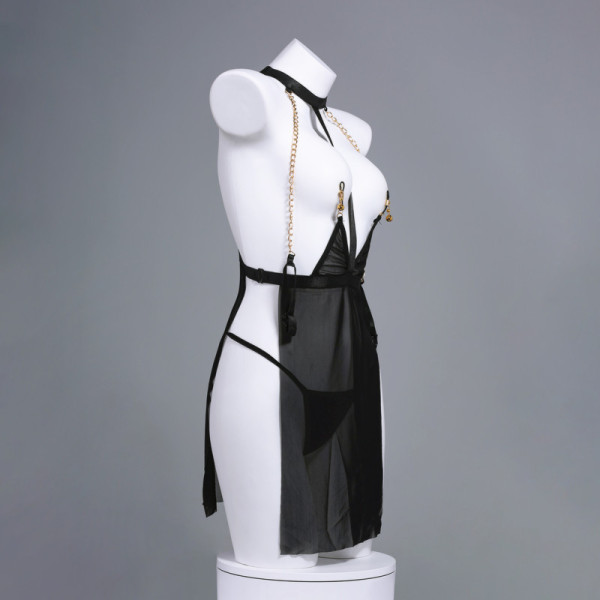 Black sheer lingerie set with gold chain details on mannequin, perfect for intimate nights and role play.