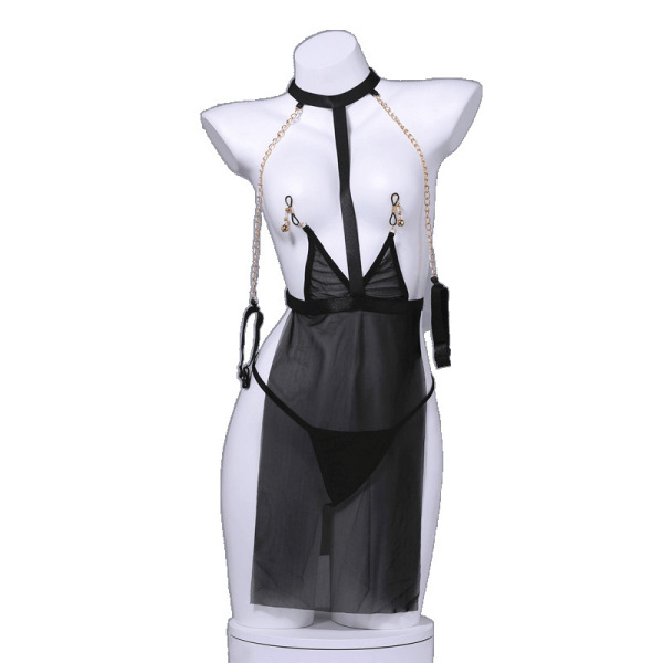 Sexy sheer black lingerie set with chains and straps, designed for seductive role play and intimate nights.