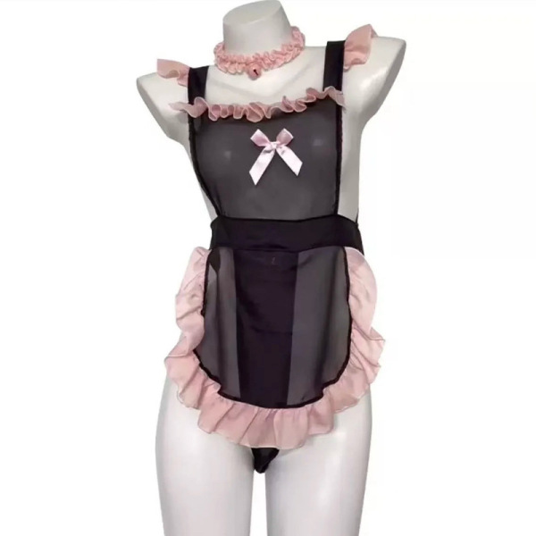 Sheer black maid costume with pink ruffles and bow, featuring a seductive lingerie design for women.