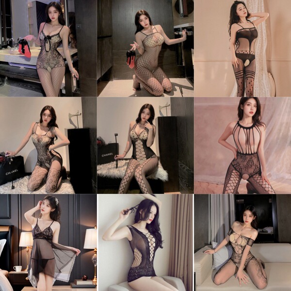 Sexy sheer mesh lingerie set for small bust, featuring open-crotch design and transparent sleepwear style.