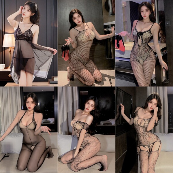 Sexy sheer mesh lingerie set for small bust, featuring open-crotch transparent sleepwear and provocative costume outfit desig...