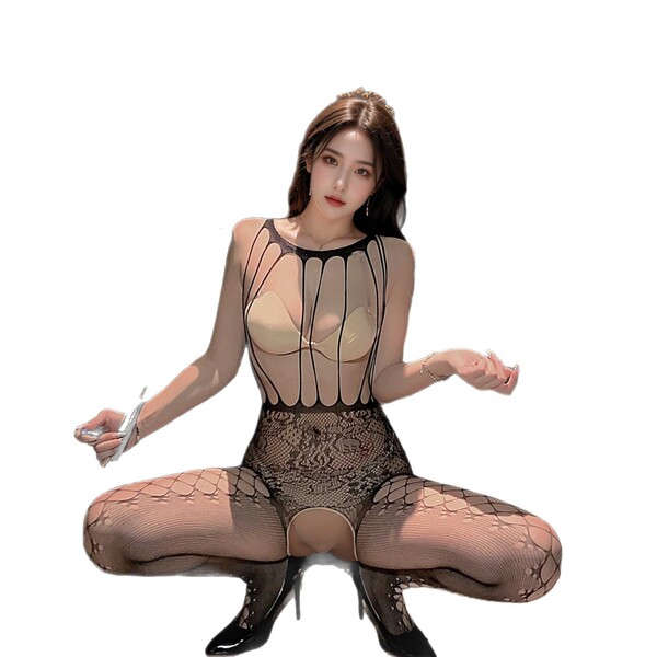 Sexy sheer mesh lingerie set with open-crotch design, featuring transparent sleepwear and provocative costume outfit for smal...
