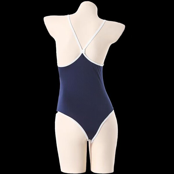 Back view of navy blue sheer milk silk bodysuit with white trim and crisscross straps on a mannequin.