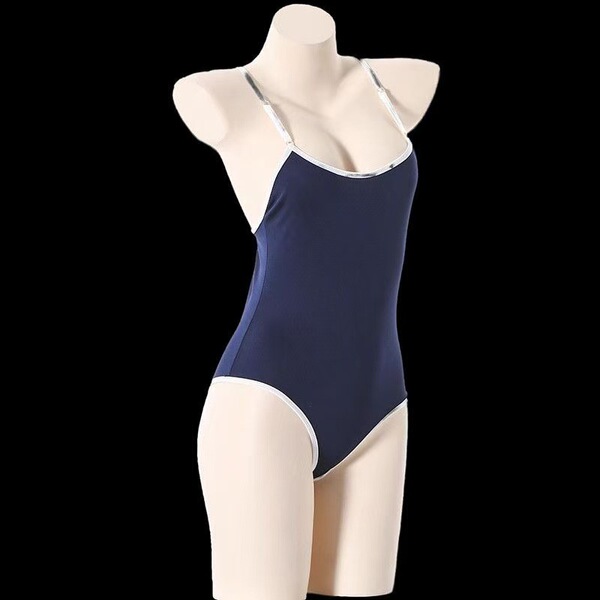 Navy blue sheer milk silk bodysuit with white trim on a mannequin. tight-fit one-piece swimwear for women.