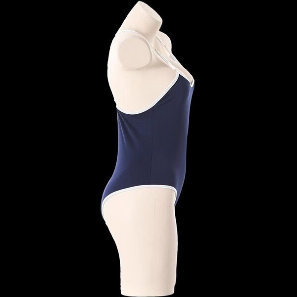 Navy blue and white one-piece swimsuit on mannequin - tight-fit sheer milk silk bodysuit for women.