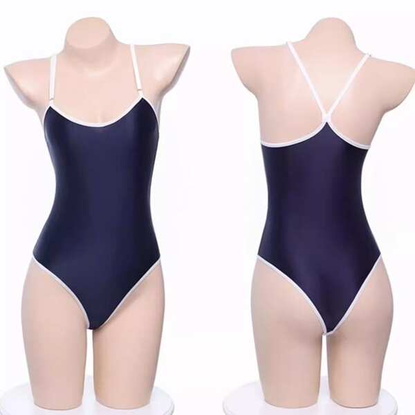 Navy blue sheer milk silk bodysuit with white trim, front and back view on mannequin.