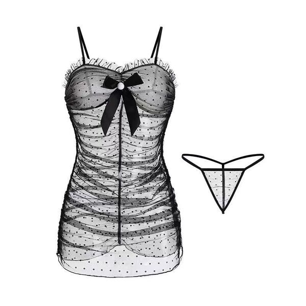 Sexy sheer polka dot lace chemise with flirty butterfly bow babydoll sleep dress featuring bodycon fit and matching thong.