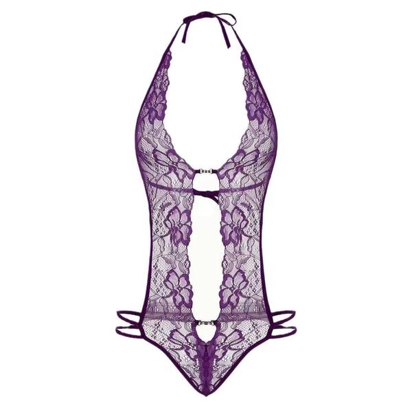 Purple sheer lace bodysuit with floral pattern, halter neck, and cut-out design for intimate wear.