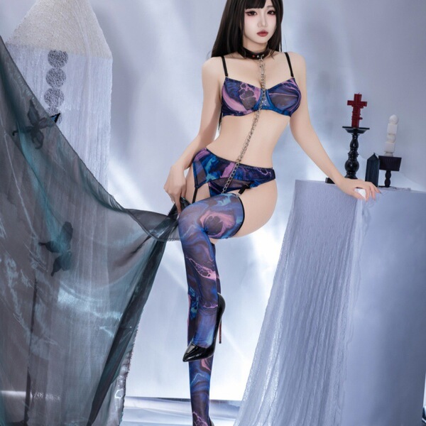 Sexy sheer tie-dye lace bodysuit with push-up thong and thigh-high stockings, perfect for pure temptation.
