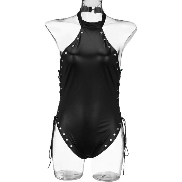 Sexy glossy pvc halter bodysuit with side ties and backless design, perfect for a bold swimwear-style look.