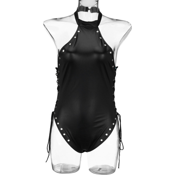 Sexy black pu leather halter bodysuit with side ties and silver studs, backless one-piece swimwear for women.