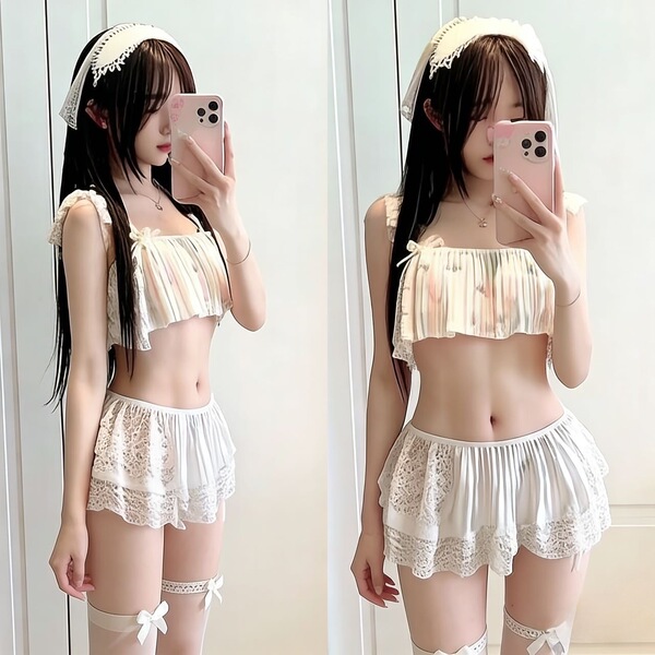 Woman modeling sexy sleepwear set with lace trim cami and shorts, floral sheer lingerie for women in mirror selfie.