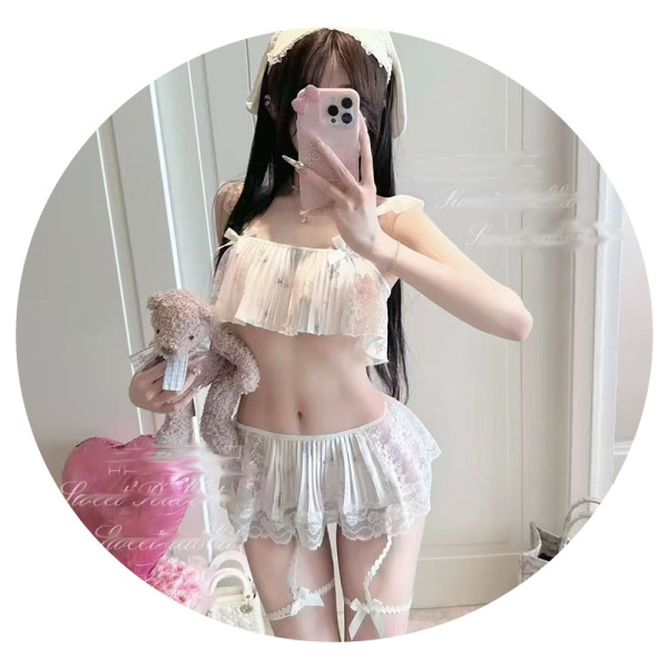 Woman modeling sexy sleepwear set - pure & tempting lace trim cami & shorts, floral sheer lingerie for women with teddy bear.
