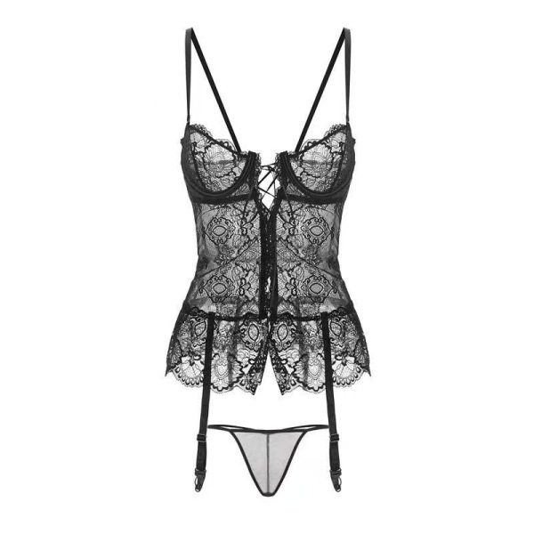 Black lace push-up lingerie set with garter straps and thong, designed for small busts, perfect for midnight passion.