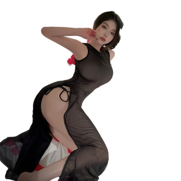Sexy high-slit beach cover-up dress set featuring a sheer black design with red accents, perfect for women seeking stylish sw...