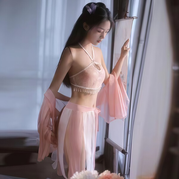 A woman wears a delicate pink hanfu-inspired sleepwear set featuring an open-crotch design, combining elegance with tradition...