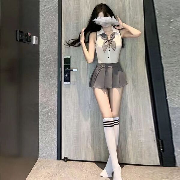Sexy small-bust jk style bodysuit - cute college-themed lingerie for women, featuring a sleeveless top with a bow tie, pleate...