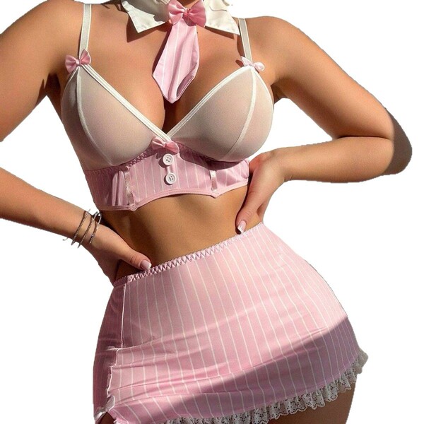 Sexy striped bow mini skirt set - tempting bodycon lace lingerie outfit for women featuring a sheer bralette with pink accent...