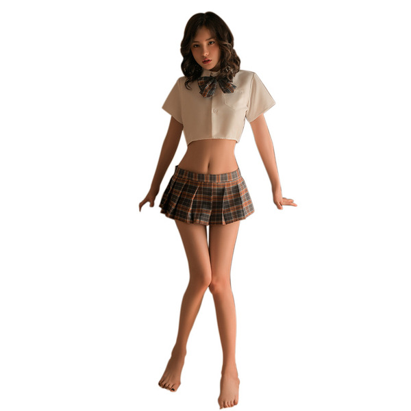 Sexy student jk uniform set featuring a cute plaid pleated skirt and blouse, perfect for role play with no undress design.