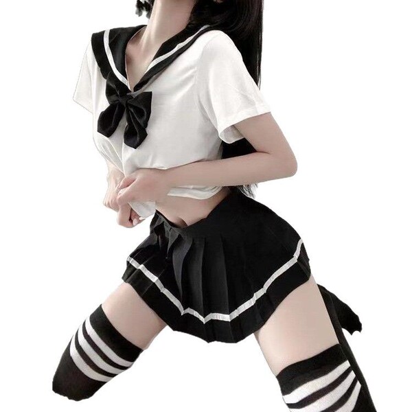 Sexy student-style lingerie set - cute jk uniform short skirt outfit for women featuring a sailor top, pleated skirt, and str...