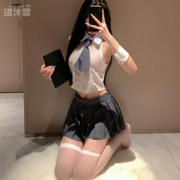 Sexy student-style lingerie set - jk uniform short skirt outfit for women, featuring a white blouse with tie, pleated skirt, ...