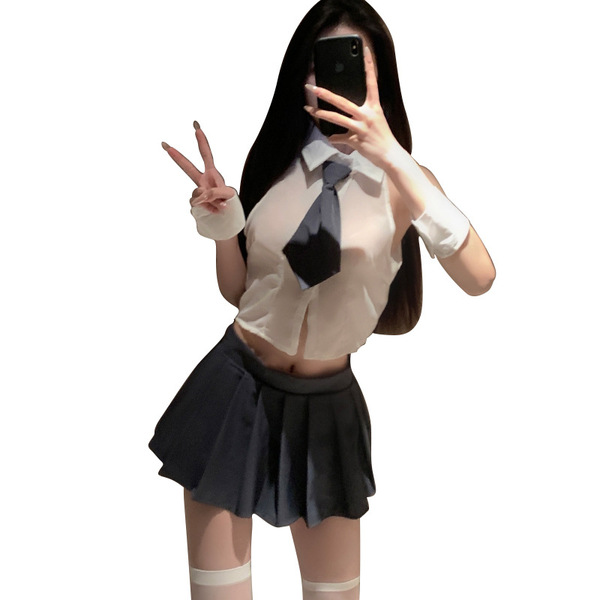 Sexy student-style lingerie set featuring a sheer blouse, tie, pleated skirt, and thigh-high stockings, perfect for playful a...