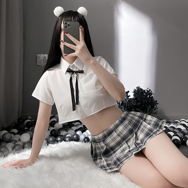 Sexy student role play outfit featuring a split-style pleated skirt and top set, perfect for small bust designs with flirty e...