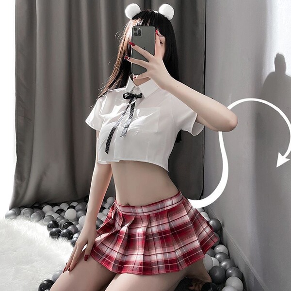 Sexy student role play outfit featuring a split-style pleated skirt and top set, perfect for small bust designs with flirty e...