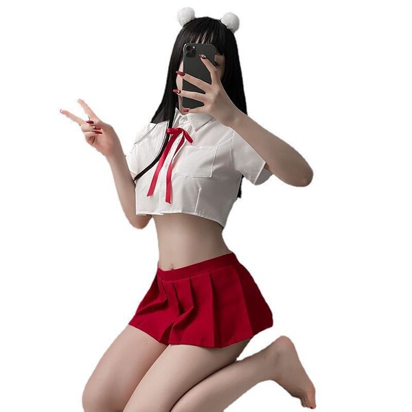 Sexy student role play outfit featuring a split-style pleated skirt and top set, perfect for small bust sizes with flirty ele...