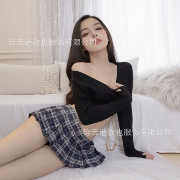 Sexy student uniform set - jk style plaid mini skirt & low-neck sweater outfit for adults, showcased on a stylishly dressed i...