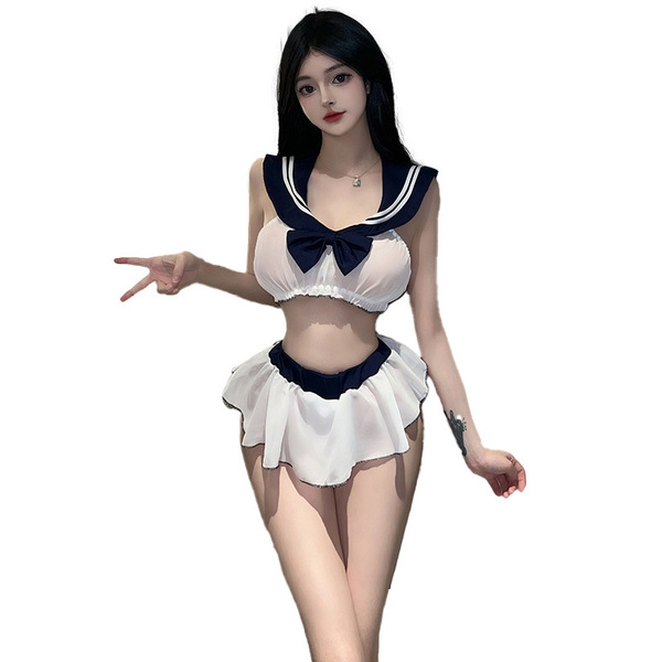 Sexy student uniform lingerie set featuring a sailor-style design with a bow detail, perfect for cosplay or nightclub wear.