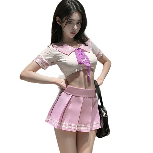 Sexy student uniform lingerie set - busty jk style sailor outfit for role play & cosplay, featuring a cute pink sailor top wi...