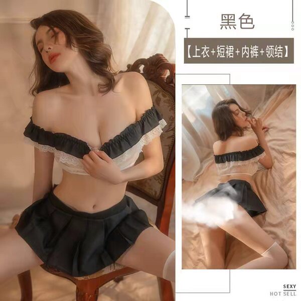 Sexy student uniform lingerie set - black color off-shoulder crop top with pleated skirt, pure and seductive outfit for women