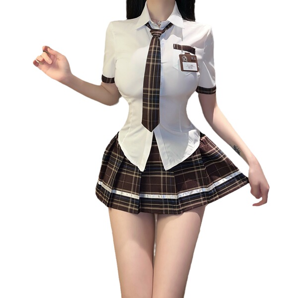 Sexy student uniform lingerie set featuring a white blouse with a plaid tie and matching skirt, perfect for adults seeking a ...