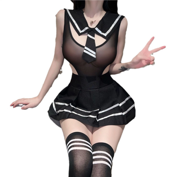 Sexy student uniform lingerie set featuring a hot jk style bodysuit with mini skirt, perfect for women seeking a bold look.