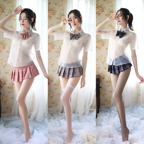 Sexy student uniform set with sheer shirt, bow detail, plaid pleated skirt, and lingerie outfit for a playful look.