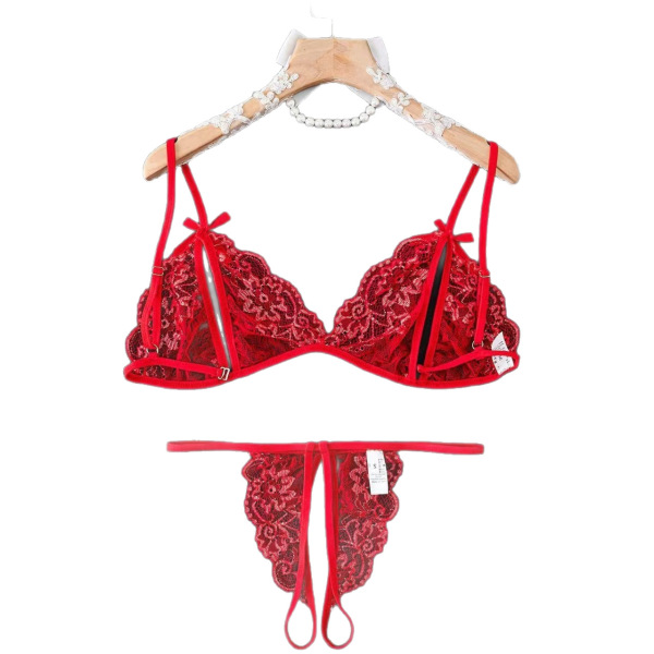 Red lace lingerie set with sheer romantic design, featuring a bra and matching thong on a wooden hanger.