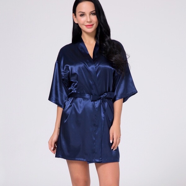 Sexy summer robe for women, lightweight sheer satin with lace trim, elegant kimono-style sleepwear and lounge set.