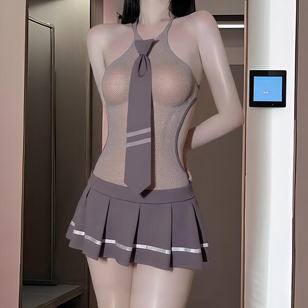 Sexy sweet-cool student uniform mesh dress set with sheer tights & matching top