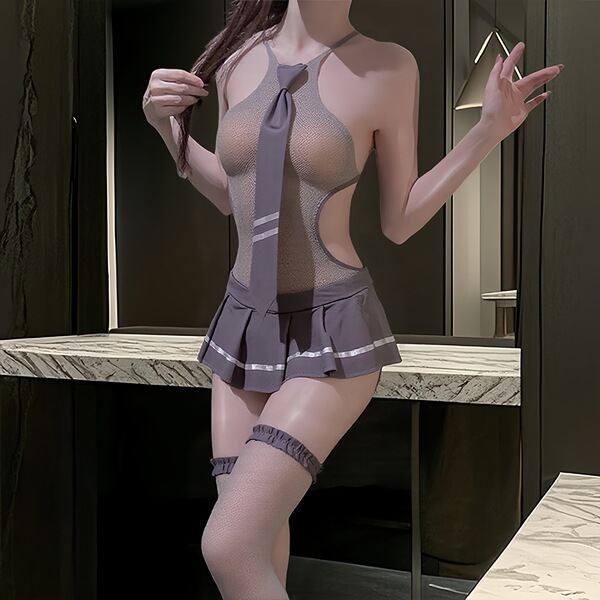 Sexy sweet-cool student uniform mesh dress set with sheer tights & matching top