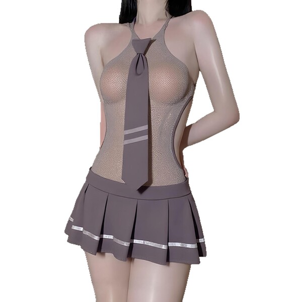 Sexy sweet-cool student uniform mesh dress set with sheer tights & matching top