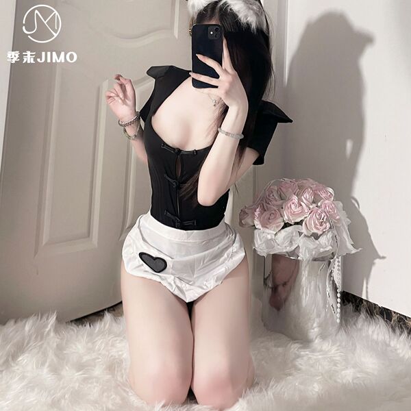Sexy sweet maid costume set - seductive lace bodysuit & role play outfit for women, featuring a black lace bodysuit with ruff...