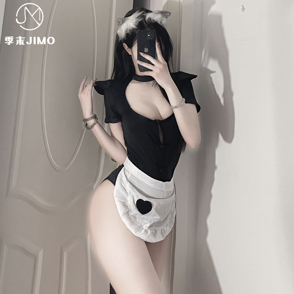 Sexy sweet maid costume set - seductive lace bodysuit & role play outfit for women, featuring a black bodysuit with ruffled s...